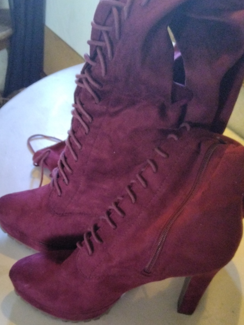 Women's Lace-Up High Heel Boots - Burgundy